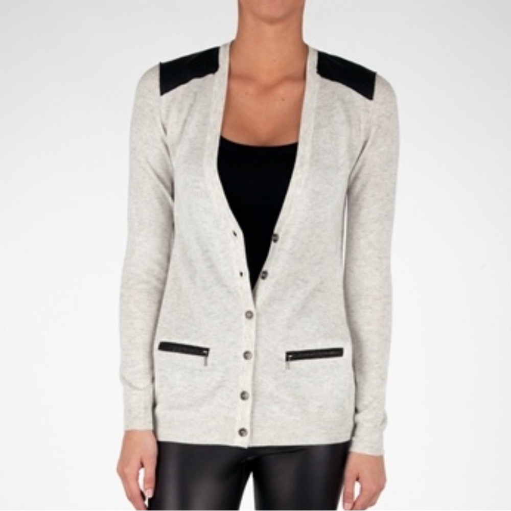 Cream Long Sleeve Cardigan with Faux Leather Accents